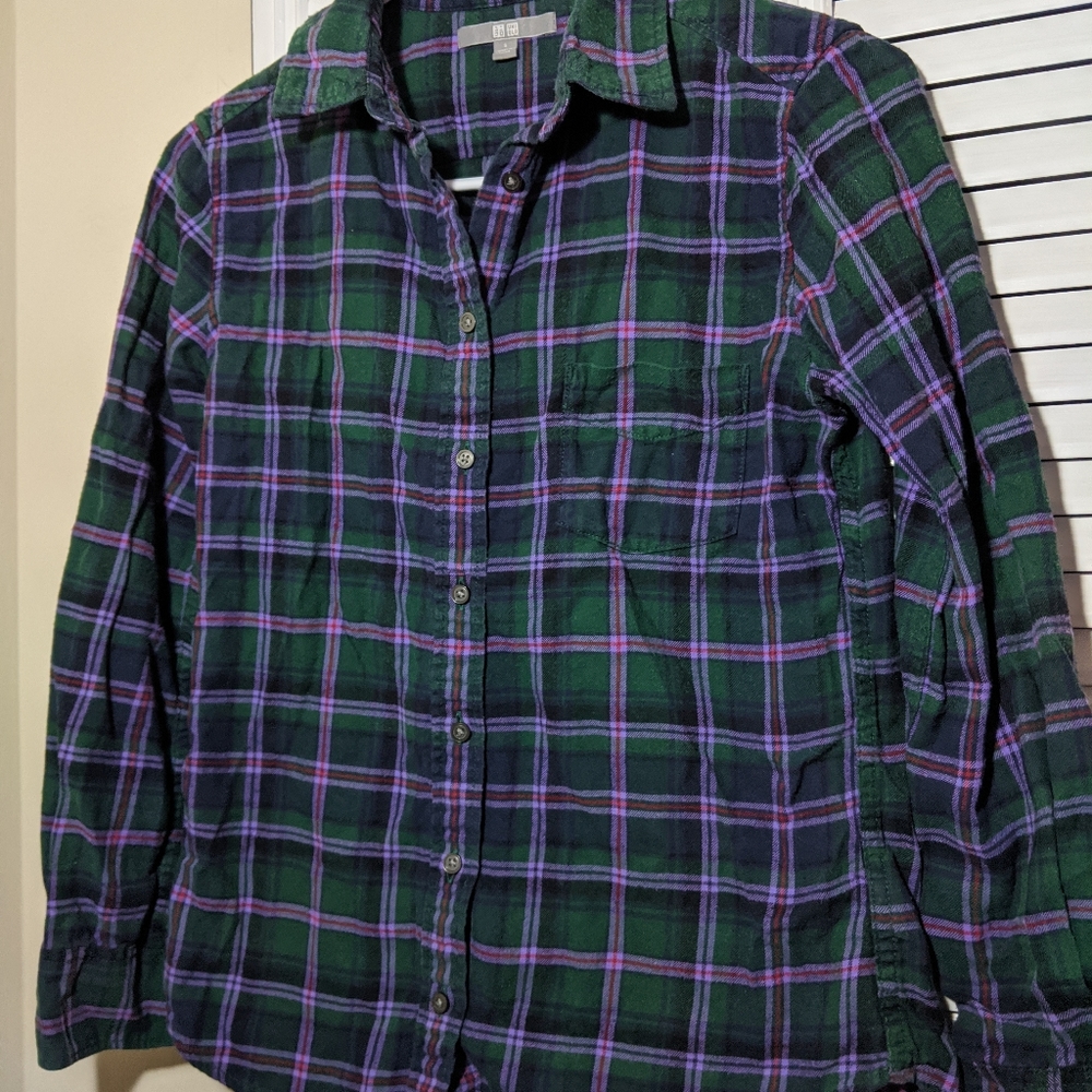 Green & Purple Plaid Long Sleeve Flannel Uniqlo